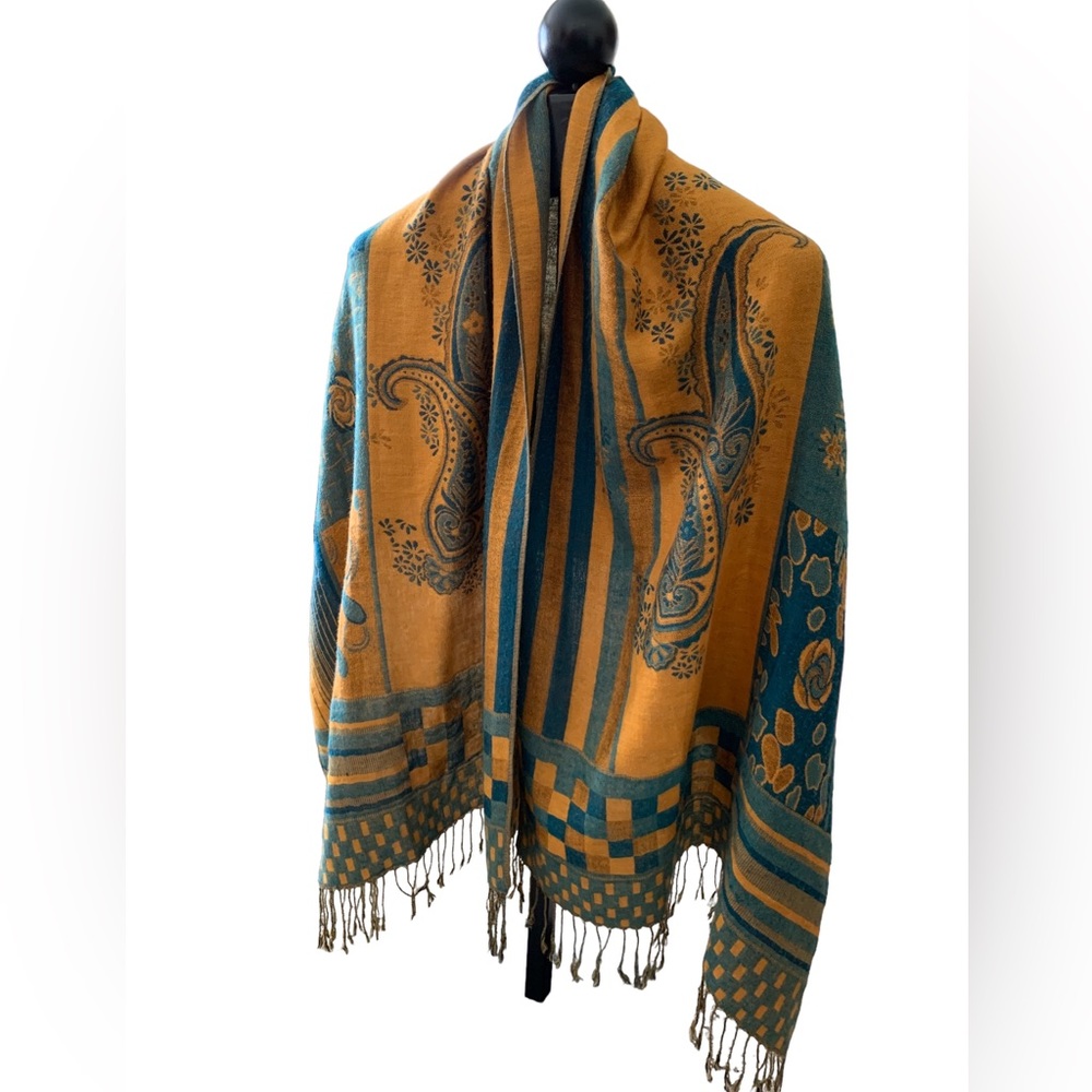 Pashmina Shawl Wrap Scarf Turquoise Gold Paisley Wool Large